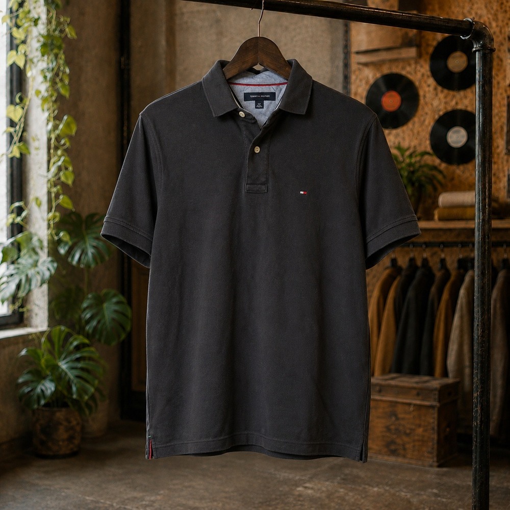Tommy Hilfiger Polo Shirt Black Flag Logo Casual Preppy Tee Small